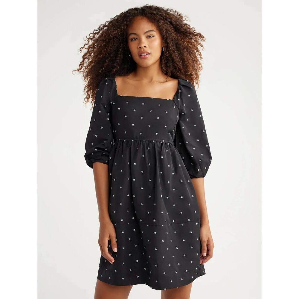 NWT Free Assembly Square Neck 3/4 Sleeve Dress, Blk/Wht Print MED Recycled! $34 - Picture 3 of 10